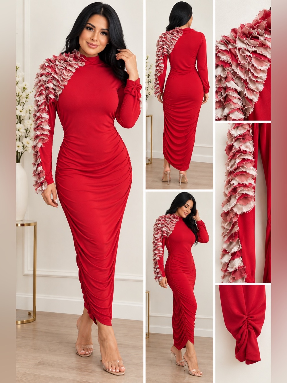 Red Ruched Maxi Dress with Statement Ruffle Sleeve Elegant Party Dress